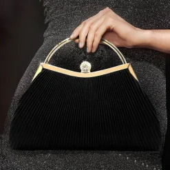 Women's Elegant Gold Evening Clutch Purse – Pleated Metallic Handbag with Rhinestone Handle for Women, Wedding, Party, and Formal Events