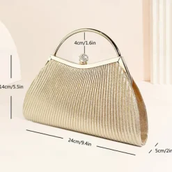Women's Elegant Gold Evening Clutch Purse – Pleated Metallic Handbag with Rhinestone Handle for Women, Wedding, Party, and Formal Events