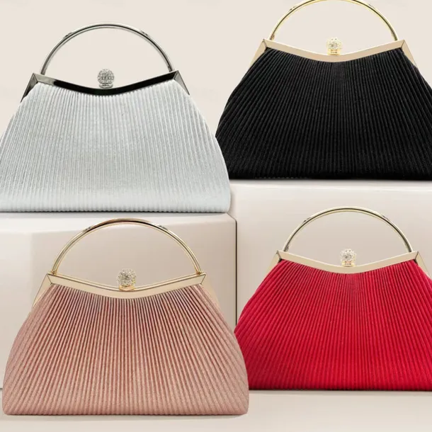 Women's Elegant Gold Evening Clutch Purse – Pleated Metallic Handbag with Rhinestone Handle for Women, Wedding, Party, and Formal Events