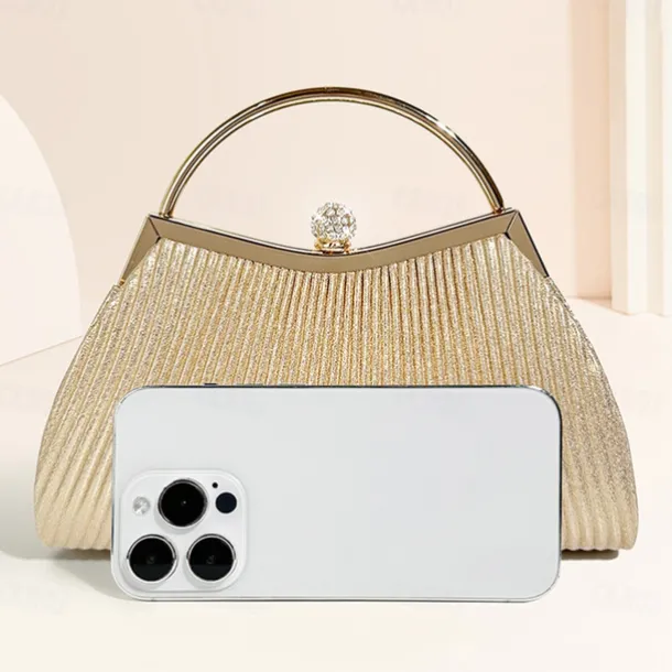 Women's Elegant Gold Evening Clutch Purse – Pleated Metallic Handbag with Rhinestone Handle for Women, Wedding, Party, and Formal Events
