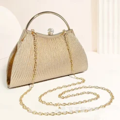Women's Elegant Gold Evening Clutch Purse – Pleated Metallic Handbag with Rhinestone Handle for Women, Wedding, Party, and Formal Events
