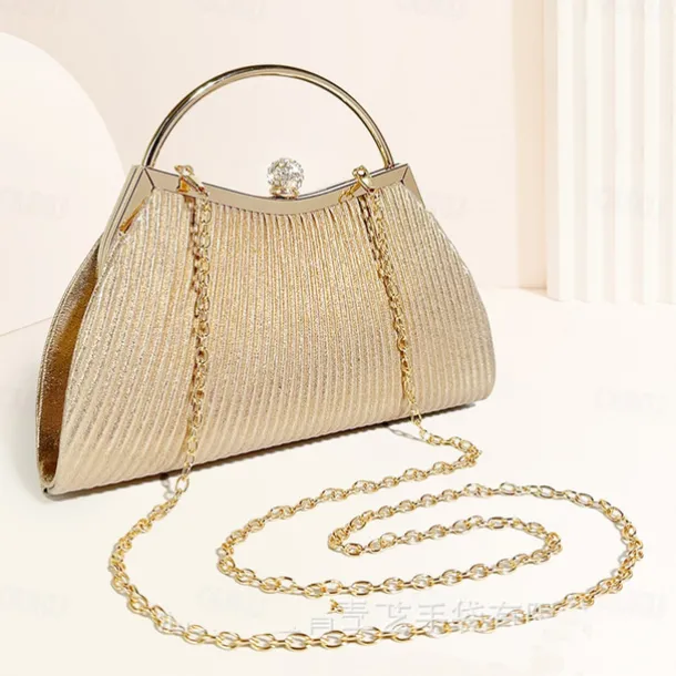 Women's Elegant Gold Evening Clutch Purse – Pleated Metallic Handbag with Rhinestone Handle for Women, Wedding, Party, and Formal Events