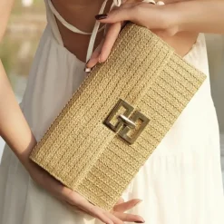 Women's Elegant Gold Straw Clutch with Designer-Style Closure - Perfect for Evening Events