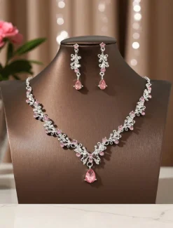 Women's Elegant Gold-Plated Necklace and Earrings Set with Sparkling Teardrop Crystals - Luxury Jewelry for Weddings, Parties, and Formal Events