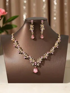 Women's Elegant Gold-Plated Necklace and Earrings Set with Sparkling Teardrop Crystals - Luxury Jewelry for Weddings, Parties, and Formal Events