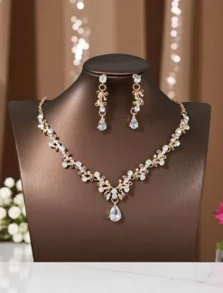 Women's Elegant Gold-Plated Necklace and Earrings Set with Sparkling Teardrop Crystals - Luxury Jewelry for Weddings, Parties, and Formal Events