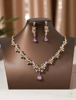 Women's Elegant Gold-Plated Necklace and Earrings Set with Sparkling Teardrop Crystals - Luxury Jewelry for Weddings, Parties, and Formal Events