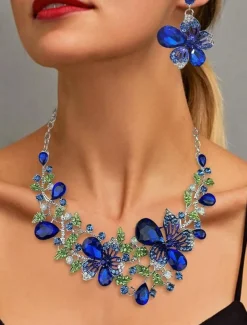 Women's Elegant Green Butterfly Jewelry Set – Sparkling Crystal Necklace and Earring Set with Floral Design for Special Occasions