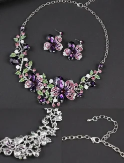Women's Elegant Green Butterfly Jewelry Set – Sparkling Crystal Necklace and Earring Set with Floral Design for Special Occasions