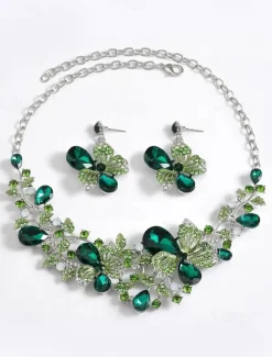Women's Elegant Green Butterfly Jewelry Set – Sparkling Crystal Necklace and Earring Set with Floral Design for Special Occasions
