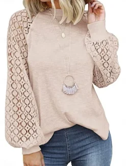 Women's Elegant Lace Tops Eyelet Blouse Casual Solid Color Regular Tops Long Sleeve Crew Neck Lace Patchwork Regular Fit Daily Black Beige Gray Romantic Petite Tops Summer Holiday Wear