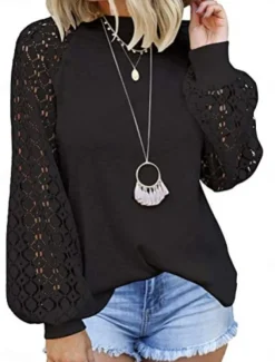 Women's Elegant Lace Tops Eyelet Blouse Casual Solid Color Regular Tops Long Sleeve Crew Neck Lace Patchwork Regular Fit Daily Black Beige Gray Romantic Petite Tops Summer Holiday Wear