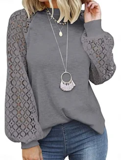 Women's Elegant Lace Tops Eyelet Blouse Casual Solid Color Regular Tops Long Sleeve Crew Neck Lace Patchwork Regular Fit Daily Black Beige Gray Romantic Petite Tops Summer Holiday Wear