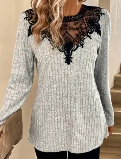 Women's Elegant Lace Tops Eyelet Blouse Stylish Solid Color Plain Regular Tops Long Sleeve Crew Neck Lace Patchwork Regular Fit Daily Romantic Petite Tops Summer Holiday Wear Light Grey Spring Fall