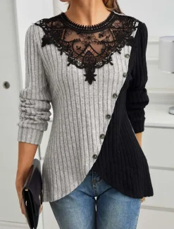 Women's Elegant Lace Tops Eyelet Blouse Stylish Modern Lace Long Sleeve Regular Tops Crew Neck Work Daily Romantic Petite Tops Summer Holiday Wear Black Gray Spring Fall Winter