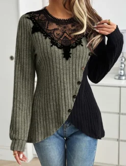 Women's Elegant Lace Tops Eyelet Blouse Stylish Modern Lace Long Sleeve Regular Tops Crew Neck Work Daily Romantic Petite Tops Summer Holiday Wear Black Gray Spring Fall Winter