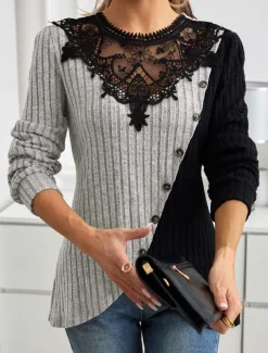Women's Elegant Lace Tops Eyelet Blouse Stylish Modern Lace Long Sleeve Regular Tops Crew Neck Work Daily Romantic Petite Tops Summer Holiday Wear Black Gray Spring Fall Winter