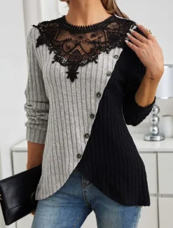 Women's Elegant Lace Tops Eyelet Blouse Stylish Modern Lace Long Sleeve Regular Tops Crew Neck Work Daily Romantic Petite Tops Summer Holiday Wear Black Gray Spring Fall Winter