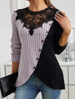 Women's Elegant Lace Tops Eyelet Blouse Stylish Modern Lace Long Sleeve Regular Tops Crew Neck Work Daily Romantic Petite Tops Summer Holiday Wear Black Gray Spring Fall Winter