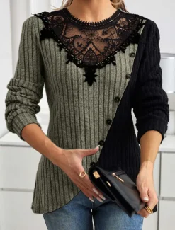 Women's Elegant Lace Tops Eyelet Blouse Stylish Modern Lace Long Sleeve Regular Tops Crew Neck Work Daily Romantic Petite Tops Summer Holiday Wear Black Gray Spring Fall Winter