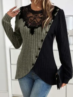 Women's Elegant Lace Tops Eyelet Blouse Stylish Modern Lace Long Sleeve Regular Tops Crew Neck Work Daily Romantic Petite Tops Summer Holiday Wear Black Gray Spring Fall Winter