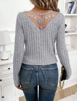 Women's Elegant Lace Tops Eyelet Blouse Fashion Modern Casual Plain Regular Tops Long Sleeve V Neck Regular Fit Daily Weekend Romantic Petite Tops Summer Holiday Wear Black Light Grey Beige Fall