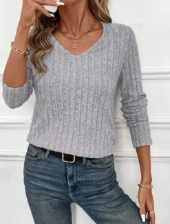 Women's Elegant Lace Tops Eyelet Blouse Fashion Modern Casual Plain Regular Tops Long Sleeve V Neck Regular Fit Daily Weekend Romantic Petite Tops Summer Holiday Wear Black Light Grey Beige Fall