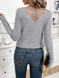 Women's Elegant Lace Tops Eyelet Blouse Fashion Modern Casual Plain Regular Tops Long Sleeve V Neck Regular Fit Daily Weekend Romantic Petite Tops Summer Holiday Wear Black Light Grey Beige Fall