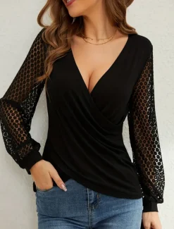 Women's Elegant Lace Tops Eyelet Blouse Sexy Modern Plain Regular Tops Long Sleeve V Neck Patchwork Cut Out Regular Fit Daily Weekend Romantic Petite Tops Summer Holiday Wear Black Fall Evening Tops