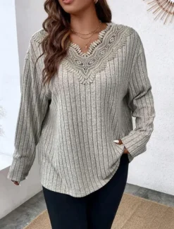 Women's Elegant Lace Tops Eyelet Blouse Stylish Modern Lace Long Sleeve Regular Tops V Neck Work Daily Romantic Petite Tops Summer Holiday Wear Gray Spring Fall