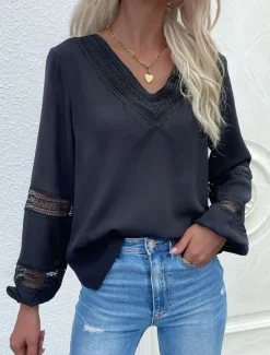 Women's Elegant Lace Tops Eyelet Blouse Stylish Modern Lace Hollow Out Long Sleeve Regular Tops V Neck Work Daily Romantic Petite Tops Summer Holiday Wear Blue Spring Fall