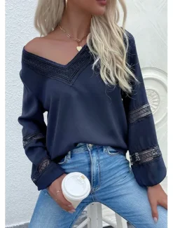 Women's Elegant Lace Tops Eyelet Blouse Stylish Modern Lace Hollow Out Long Sleeve Regular Tops V Neck Work Daily Romantic Petite Tops Summer Holiday Wear Blue Spring Fall