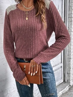 Women's Elegant Lace Tops Eyelet Blouse Casual Solid Color Regular Tops Long Sleeve Crew Neck Lace Patchwork Regular Fit Daily Red Gray Romantic Petite Tops Summer Holiday Wear