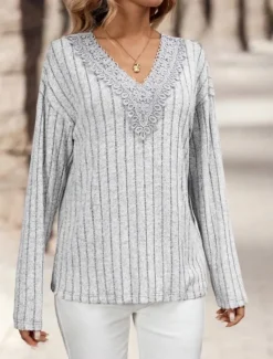 Women's Elegant Lace Tops Eyelet Blouse Casual Solid Color Regular Tops Long Sleeve V Neck Lace Regular Fit Daily Gray Romantic Petite Tops Summer Holiday Wear Semi Formal Blouses