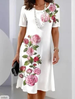 Women's Elegant Midi Dress T Shirt Dress Tee Dress Shift Dress Party Evening Casual Formal Daily Regular Fit Floral Abstract Short Sleeve Crew Neck White Pink Light Brown Spring