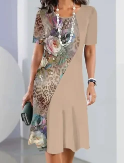 Women's Elegant Midi Dress T Shirt Dress Tee Dress Shift Dress Party Evening Casual Formal Daily Regular Fit Floral Abstract Short Sleeve Crew Neck White Pink Light Brown Spring