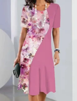 Women's Elegant Midi Dress T Shirt Dress Tee Dress Shift Dress Party Evening Casual Formal Daily Regular Fit Floral Abstract Short Sleeve Crew Neck White Pink Light Brown Spring