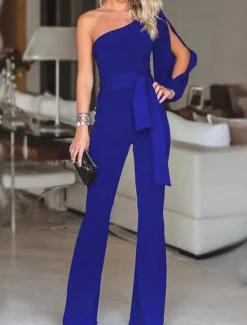 Women's Elegant Party Wedding One Shoulder White Black Pink Jumpsuit Solid Color Drawstring High Waist