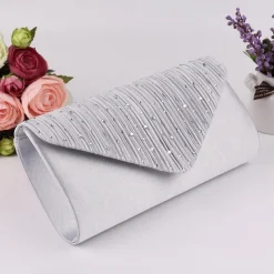 Women's Elegant Rhinestone Pleated Clutch Bag – Satin Evening Handbag with Chain Strap for Weddings, Parties, and Formal Events