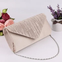 Women's Elegant Rhinestone Pleated Clutch Bag – Satin Evening Handbag with Chain Strap for Weddings, Parties, and Formal Events