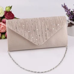 Women's Elegant Rhinestone Pleated Clutch Bag – Satin Evening Handbag with Chain Strap for Weddings, Parties, and Formal Events
