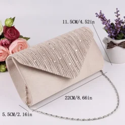 Women's Elegant Rhinestone Pleated Clutch Bag – Satin Evening Handbag with Chain Strap for Weddings, Parties, and Formal Events