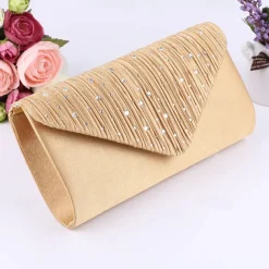 Women's Elegant Rhinestone Pleated Clutch Bag – Satin Evening Handbag with Chain Strap for Weddings, Parties, and Formal Events