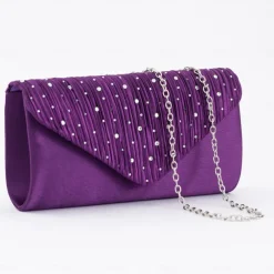 Women's Elegant Rhinestone Pleated Clutch Bag – Satin Evening Handbag with Chain Strap for Weddings, Parties, and Formal Events