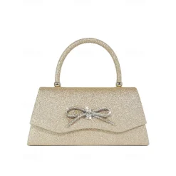 Women's Elegant Sparkling Glitter Evening Clutch with Rhinestone Bow - Perfect for Weddings and Parties