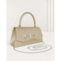 Women's Elegant Sparkling Glitter Evening Clutch with Rhinestone Bow - Perfect for Weddings and Parties