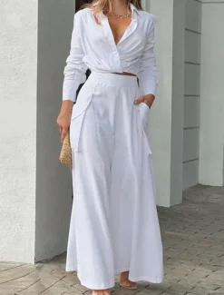 Women's Elegant Stylish Shirt Cotton Linen Sets Two Piece Sets Wide Leg Pants Long Sleeve Shirt Collar Plain Office Work Black White Blue Summer Regular Fit