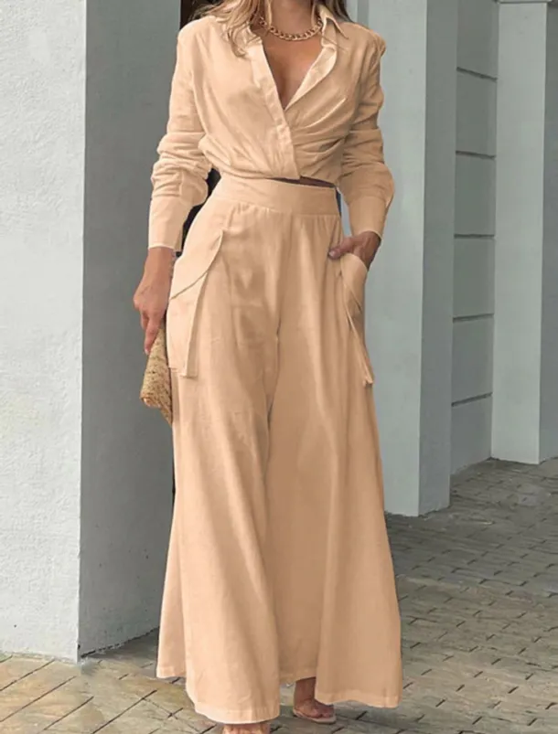 Women's Elegant Stylish Shirt Cotton Linen Sets Two Piece Sets Wide Leg Pants Long Sleeve Shirt Collar Plain Office Work Black White Blue Summer Regular Fit