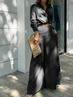 Women's Elegant Stylish Shirt Cotton Linen Sets Two Piece Sets Wide Leg Pants Long Sleeve Shirt Collar Plain Office Work Black White Blue Summer Regular Fit