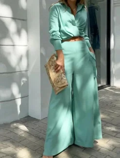 Women's Elegant Stylish Shirt Cotton Linen Sets Two Piece Sets Wide Leg Pants Long Sleeve Shirt Collar Plain Office Work Black White Blue Summer Regular Fit